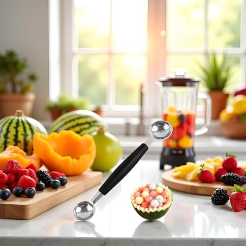 1Pc Black Double-Sided Fruit Melon Baller Spoon 2 in 1 Stainless Steel Melon Ballers Melon Scoop for Watermelon Cantaloupe Icecream Ball,18cm,Fruit and Vegetable Tools,Melon Ballers,Kitchen - Thumbnail 6