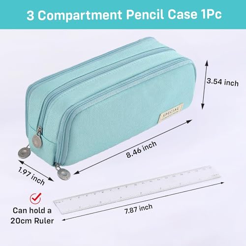 Image of Canvas School Bag Pencil Case, 3 Layer 6 Compartment Large Capacity, Aesthetic Pencil Pouch for Stationary, Cute Stationery for Kids, Pencil Case for Girls & Boys (Special Sky Blue)