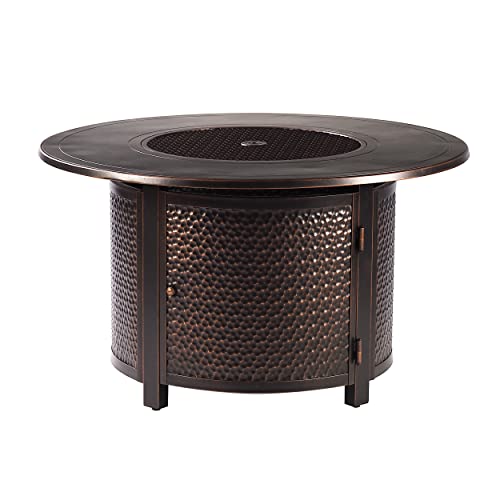 Oakland Living Azhudson-Matera-5Pc-Ac Aluminum 44 In. Round Table Four Deep Seating Swivel Rockers, Fire Beads, Lid And Fabric Covers Patio Furniture Set, Antique Copper #TOP2
