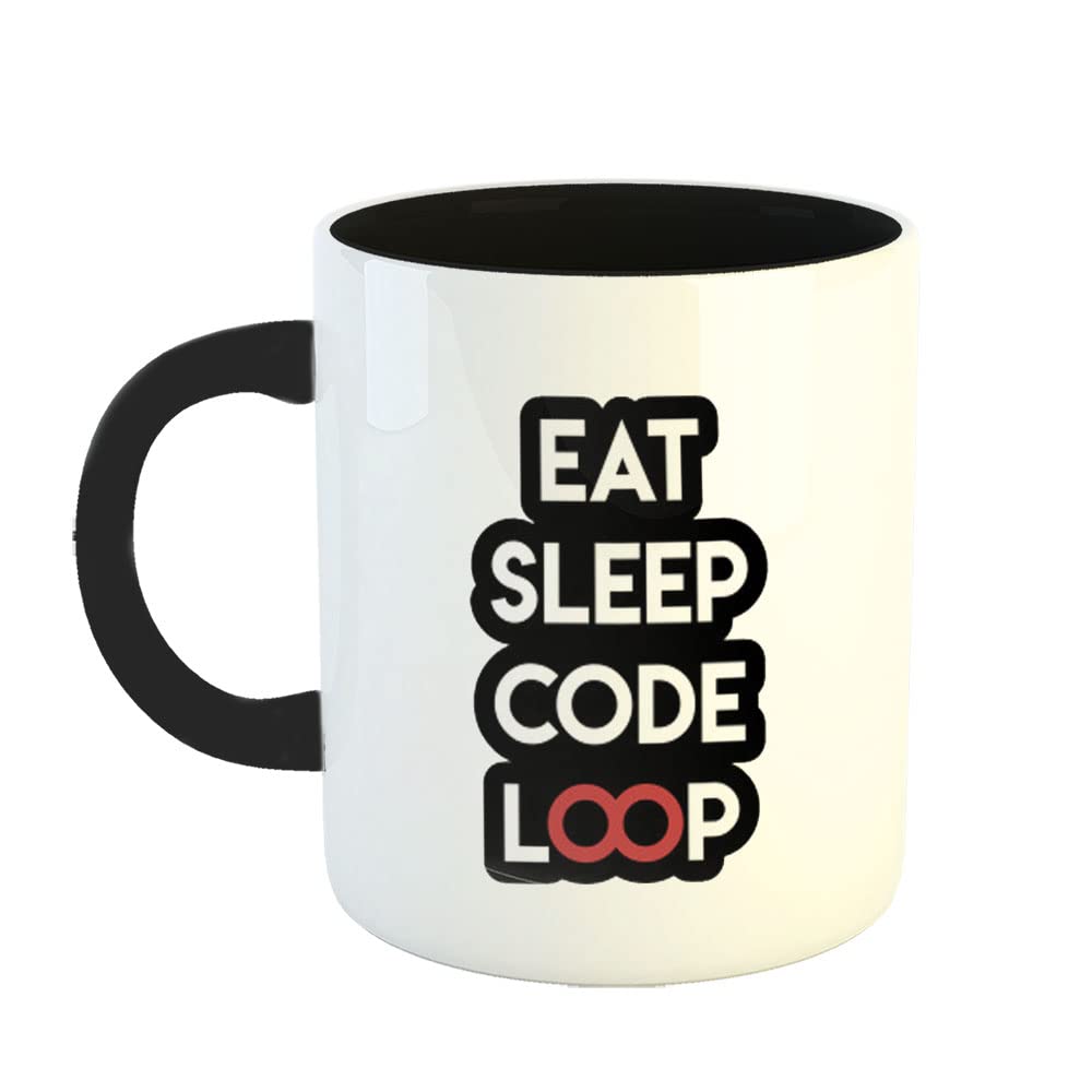 YaaNaa - Printed Ceramic Coffee Mug, 325 ml (11 oz) - Eat Sleep Code Loop, Gifts for Programmers, Coders & Software Engineers, R2068-BK