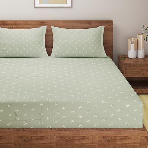 Image of Swayam Zinnia Collection Premium Mercerized Pure Cotton 250TC Geometric Print King Bedsheet with 2 Pillow Covers - Green