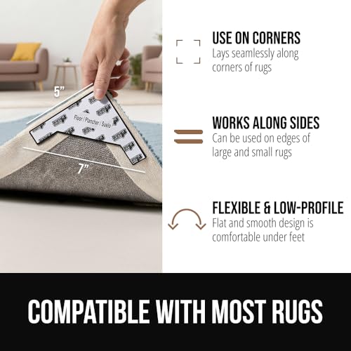 Image of GORILLA GRIP 8 Pack Extra Wide Dual Sided Rug Gripper Pads, Holds Carpet in Place on Hardwood Floors and Tile, Removable Reusable Sticky Corner Grippers, Universal Fit Floor Pad for Under Area Rugs