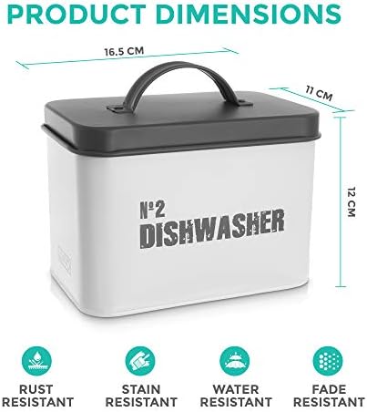 LIVIVO Enamel Coated Dishwasher Tablets Detergent Pod Capsule Metal Storage Holder Tin Box With Airtight Lid  Grey & White