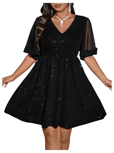 Floerns Women's Plus Size Contrast Mesh Half Flounce Sleeve V Neck Glitter Flared Hem A Line Dress3
