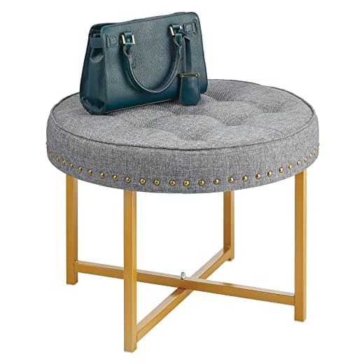 mDesign fotpall pouffe – liten pall för vardagsrum, sovrum och hall – rund sittpall i metall och tyg – mörkgrå/guld