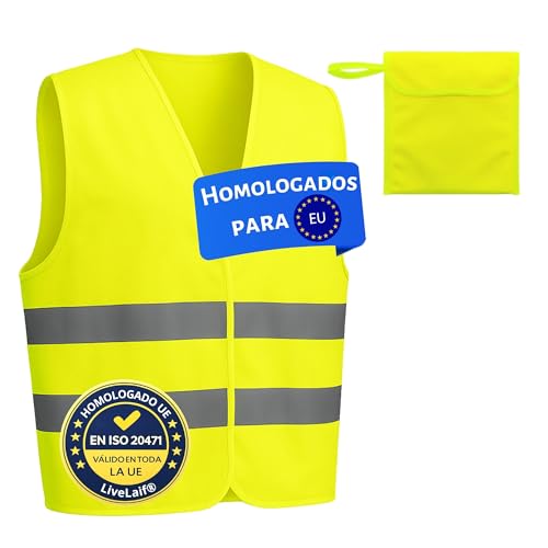 LiveLaif® - 1 Chaleco Reflectante Homologado + 1 Bolsa a Juego | TallaUnica, Unisex | Chaleco Coche Homologado DGT | Chaleco Running, Chaleco Trabajo, Chaleco Reflectante Moto (Amarillo)