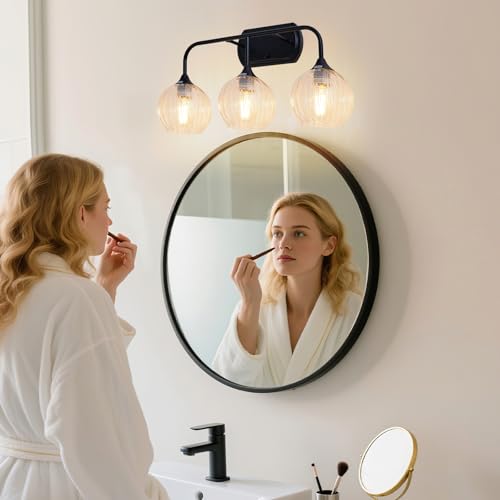 Image of MantoLite Bathroom Vanity Light 3-Light Crystal Wall Sconces Matte Black | Fog-Proof Modern Wall Lights 20'' Bathroom Light Fixtures Over Mirror Ribbed Glass,E26 Hardwired(Max 60W)