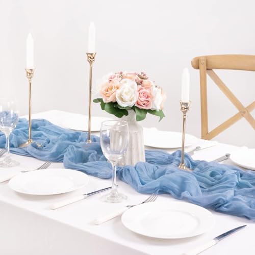 Image of MLMC Dusty Blue Table Runner 10ft Boho Gauze Blue Cheesecloth Table Runner Rustic Cheese Cloth Centerpiece 35x120 Inches for Wedding Bridal Shower Baby Shower Party Decor