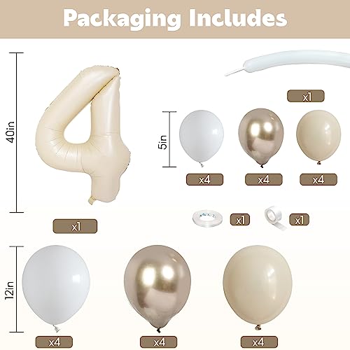 Image of 40 Inch Cream Number 4 Balloon for 4th Birthday Decoration Beige White Sand Number Four Foil Balloon Tower Giant Large Nude Neutral Digit Helium Balloons Stack for Girls Boys Anniversary Party