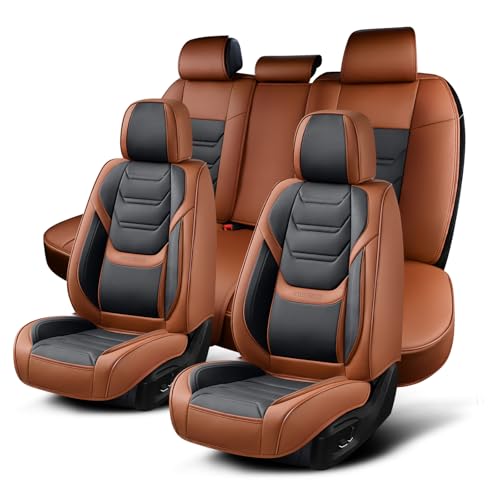 Image of TIEHESYT Leather Car Seat Covers Full Set with Lumbar Support, Waterproof Car Seat Cover, Universal Seat Covers for Cars, Trucks, SUVs, Sedans, Airbag Compatible, Front Pair and Rear, Brown&Black