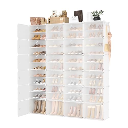 Image of Portable Shoe Rack Organizer with Door, 96 Pairs Shoe Storage Cabinet Easy Assembly, Plastic Adjustable Shoe Storage Organizer Stackable Detachable Free Standing DIY Expandable 12 Tier White