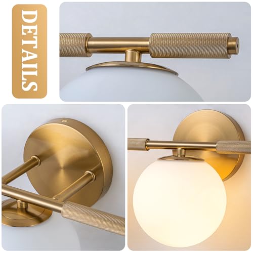 Image of 24 inch Brass Vanity Light, 3-Light Modern Gold Bathroom Lighting Fixtures Over Mirror with Knurled Texture Milk Glass Globe Wall Sconce
