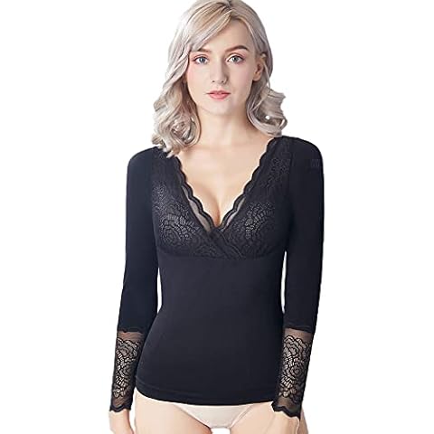 ZooChest Women's Thermal Underwear Top,Black Long Sleeve Crew/V-Neck Thermal lace Vest,Winter Warm Base Layer Running Hiking Cycling Soft Quick Dry Breathable Stretchy Undershirt,M-XL,Fit 40-70kg Cover