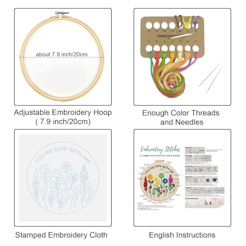 Image of Louise Maelys inchYou're Safe with Me inch Embroidery Kit for Beginners Floral | Cross Stitch Kits with Pre-Printed Fabric, Hoop, Threads, Needles and Guide. Needlepoint Kit for DIY Lovers