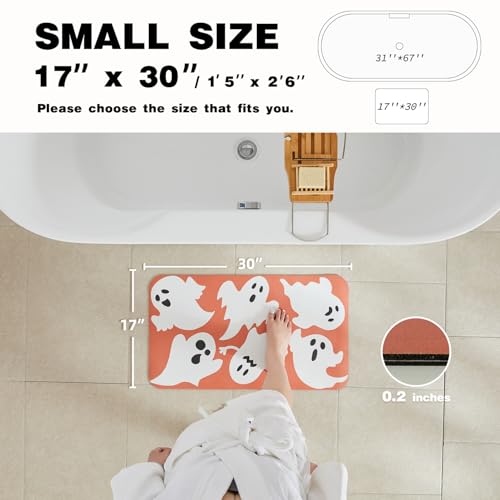 Halloween Bath Mat, Thin Halloween Bathroom Rug Non Slip Quick Dry Bath Mat Fits Under Door Thin Floor Mat Halloween Decor, 17''x30'', Cute Ghosts Orange