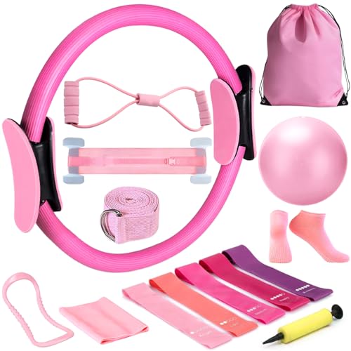 HUGOMOVA Home Pilates Kit for Women, Pilates Equipment Set with Magic Circle Hoop, Anti-Burst Ball & 5 Resistance Bands, Compact Toning Fitness Essentials Starter Set