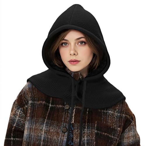 Balaclava Hat for Women, Warm Ear Neck Hooded Scarf Hat with Drawstring, Fashionable Knit Beanie Skull Cap in Cold Weather Outdoors, Black