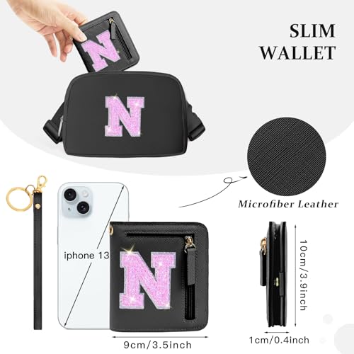 Image of COSHAYSOO Initial Wallet RFID Small Bifold Slim Letter Wallet for Women Teenager Girls Travel Daily Necessities Credit Cards Money Cash Coin Organizer, Black, Compact, N