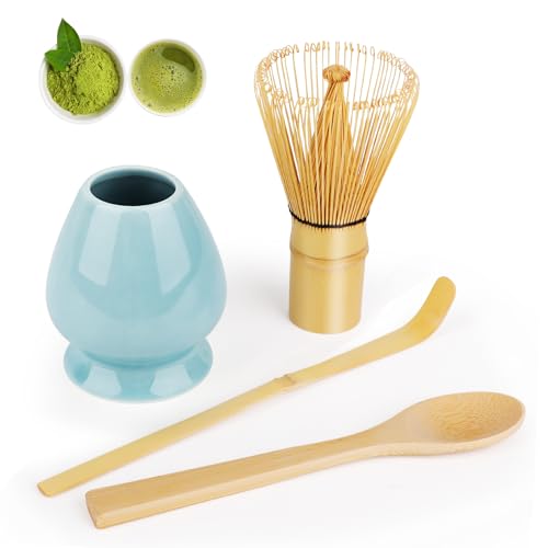 LWMTT 4 Pièces Fouet Matcha Kit, Fouet Matcha 80 Dents Matcha Kit, Cuillère Traditionnelle, Support Fouet pour Matcha, Kit Matcha Complet sont Cadeau pour Noël et Anniversaires - Bleu