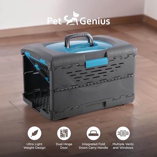 Pet Genius Collapsible Pet Crate, Ultra-Lightweight Portable Kennel with Dual Hinge Door, Folds to 5 Inches, Weighs 4.5lbs, Multiple Vents and Windows for Home and On The Go, 19x12x12.5, Blue - Thumbnail 3