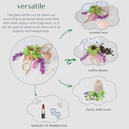 Image of ROFIGL Handmade Crochet Hanging Car Air Freshener - Botanical Wisteria Blossom Design with 12ml Refillable Glass Essential Oil Bottle, Long-Lasting Car Diffuser & Nature-Inspired Decor