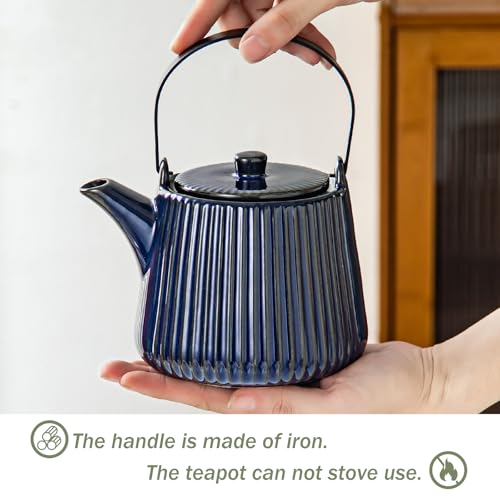 Image of Yundu Ceramic Teapots for Tea, 1000ml /33.8oz Tea Pot with Infusers for Loose Tea, Striped Tea Pot with Removable Tea Infuser - Reactive Blue
