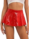  Oyolan Femme Mini Jupe Sexy Courte Cuir Verni Jupe Evasé Wetlook Erotique Zippé Ouvert Jupe de Clubwear M-XXL Type A Rouge M