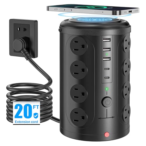 Tower Power Strip with 15W Wireless Charger, 20FT Extension Cord with Multiple Outlets, 16 AC Outlets & 5 USB (2 USB C) Charging Station Surge Protector for Office Home Dorm Room (Black)