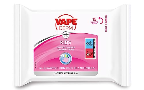 VAPE DERM KIDS, Salviette Antipuntira C, Con Olio di Andiroba, Pelle Protetta Contro Zanzare Comuni e Tigre, 15 Salviette