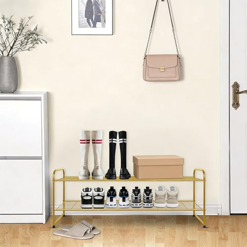 Image of KEETDY 2-Tier Long Shoe Rack for Closet Metal Shoe Organizer for Entryway, Wide Stackable Shoe Storage Shelf with Sturdy Wire Grid for Closet Floor, Bedroom, Gold