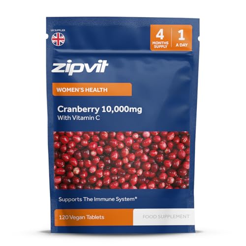 Zipvit Cranberry Tablets 10,000mg with Vitamin C, High Strength Cranberry Extract, 120 Vegan Tablets for Immune Support, 4 Month Supply, Supplement for Men & Women