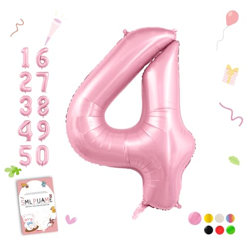 Image of 40 Inch Pink Number 4 Balloon, 4th Birthday Decoration Boys Girls