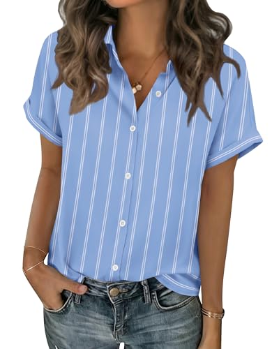 Zeagoo Short Sleeve Shirts for Women Casual Striped Button Up Blouses Professional Work Summer Tops