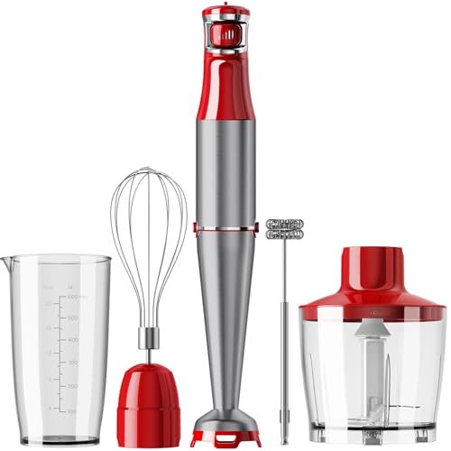 Image of Immersion Blender Handheld Corded Hand Blenders Set 1100W, Trigger Variable Speed 5 in 1 Stick Emulsifier with Chopper, Whisk and Frother for Soup, Baby Food and Smoothies, Christmas red