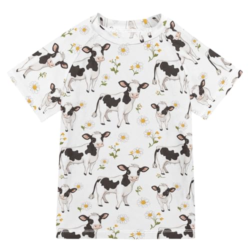 KLL Rash Guard Bathing Suit Girls Short Sleeve Rash Guard Boys 7T Cartoon Cute Cow White