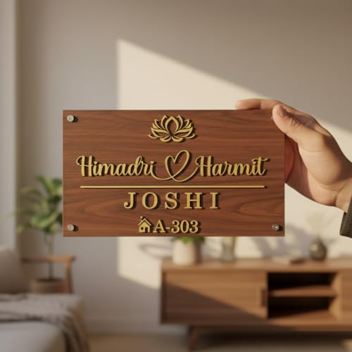 Image of Personalized Wooden Name Plate for Home Door Custom MDF Family Name Board with Golden Acrylic Design