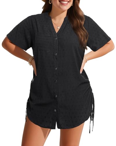 Plus Size Swimsuit Cover Up - Beach Bathing Suit Coverup Button Down Swiss Dot Shirt4