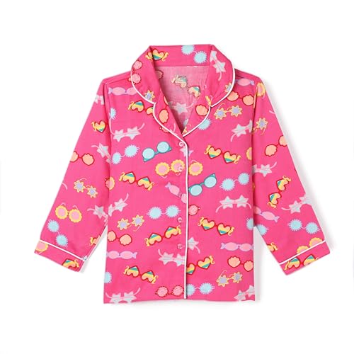 Image of Girls Premium Cotton Full Sleeves Printed Nightsuit Set | Collar Style Night Dress for Girls | Soft & Breathable Pajama Set | Trendy Kids Sleepwear & Nightwear