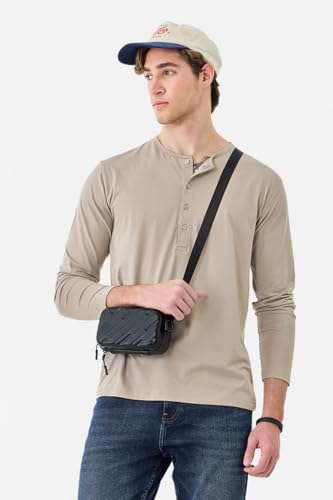 Image of SNITCH Men's T-Shirt | Regular Fit Henley Neck Full Sleeve Solid Pattern | Stretchable Rayon Cotton Spandex Blend Breathable Fabric for Casual & Everyday Wear
