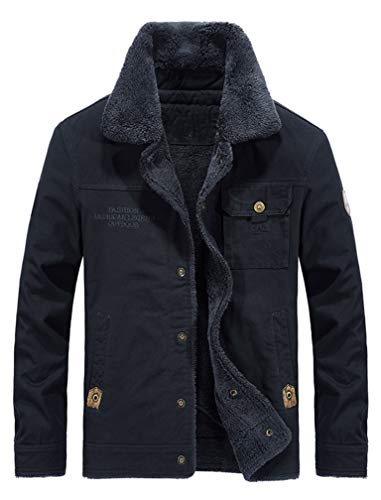 Lavnis Men's Military Trucker Jacket Casual Cotton Button Down Fleece Denim Jacket Blue XL