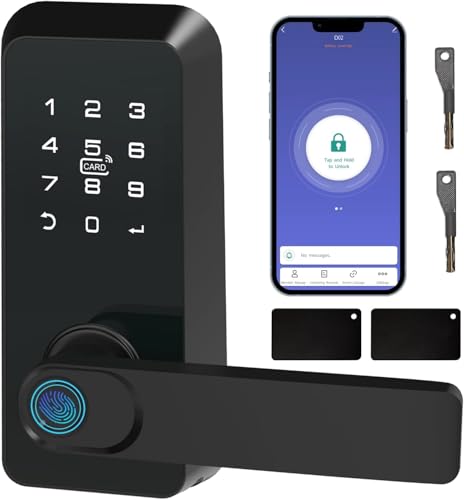 Smart Keyless-Entry Fingerprint Door Lock with Handle, 6-1 Electronic Digital Code Door Lock with APP Control, Biometric Deadbolt Keypad Lock for Front Door, Bedroom, Hotel