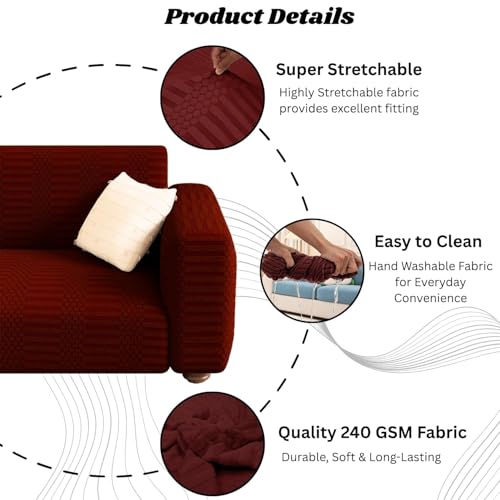 Image of Lukzer 2 Seater Pastel Deep Maroon Dotted Stripe Pattern Sofa Cover | 240 GSM Universal Stretch Fit Jacquard Fabric Couch Protector | Fully Covered Anti Slip & Washable Sofa Cover SC-132-02 /140-180cm