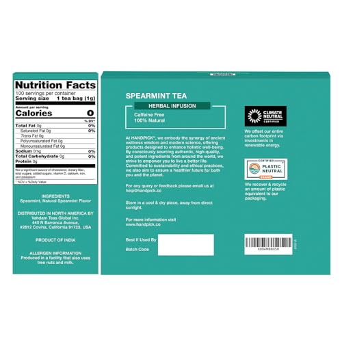 HANDPICK, Spearmint Tea (100 Herbal Tea Bags) Premium Spearmint Leaves, Caffeine Free | Non-GMO, Gluten Free | 100% Halal Certified | Round Eco-Conscious Tea Bags | Light & Fresh