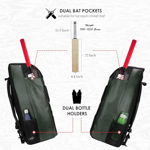 Image of WHACKK Lara 72L | Premium Artificial Vegan Faux Leather Cricket Backpack|KitBag|Adult Size|2 Bat Pocket|Shoe /Helmet Pocket|Fit 18 inch Leg Pad 2 Bottle Holder|Easy Access|Player Senior (Olive Green)