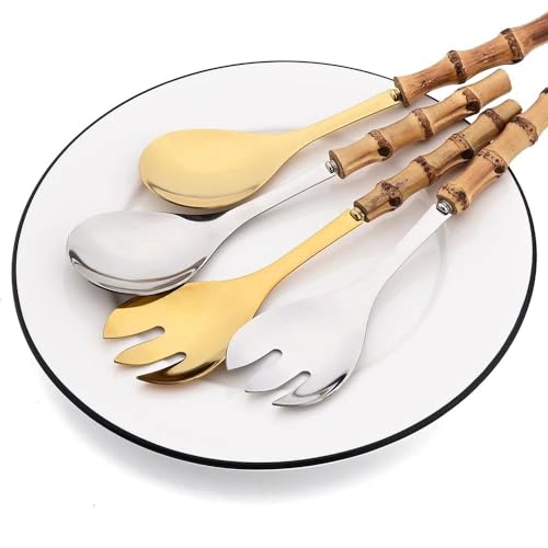 Set di posate – 4 pezzi cucchiaio da insalata con manico lungo forchetta forchetta cucchiaio da portata con manici in legno di bambù e stoviglie in acciaio inox