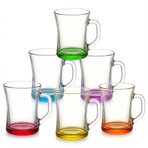 Vieberg ZEN+ 6er Set Teegläser mit Henkel (225ml) Bunte Teegläser mit 6 bunte Farben am Boden Ideal gegen Verwechslung Bleifreie Glastassen für Tee & Kaffee Spülmaschinenfest