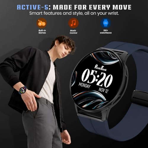 Image of PunnkFunnk Active 5 Smart Watch with 1.3 inch AMOLED HD Display | Bluetooth Calling, AI Voice Assistant, 100+ Sports Modes, Heart Rate & SPO₂ Tracking, IP68 Waterproof for Men & Women- (Dark Blue)