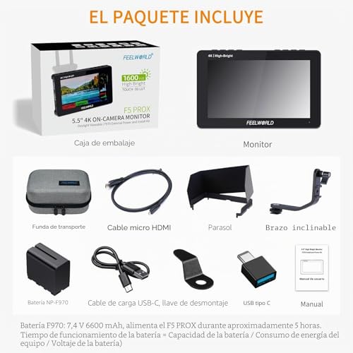 Miniatura 9 de Feelworld F5 Prox 5.5 Pulgadas 1600nit Cámara Dslr De Monitor De Campo Con Batería F970 Pantalla Táctil Forma De Onda 3d Lut Kit Externo Instalar 1920 X 1080 4k Hdmi En Salida Entrada Tipo C