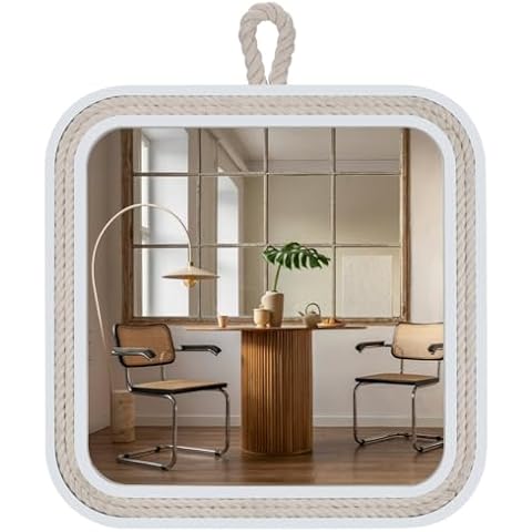 Decor Trends Nautical Mirror White Square Decorative Rope Mirror 16''x16'' Wooden Beach House Mirror Hanging Rope Mirror for Bathroom Vanity Bedroom Dresser, Rope Mirror for Home Decor Cover