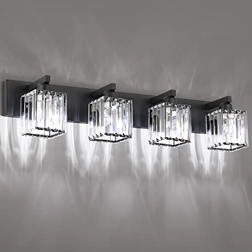 Image of Aipsun Black Light Fixtures Bathroom Vanity Light Crystal Modern Vanity Light for Bathroom 4 Light (Exclude Bulb)